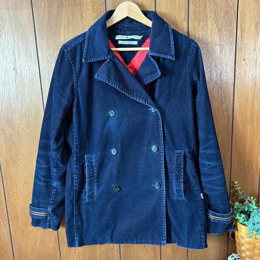 Vintage y2k Tommy‎ Hilfiger Navy Corduroy Double Breasted Pea Coat Nautical